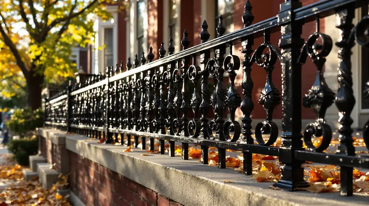 Long run of ornamental black iron railing with scrolls and twisted pickets along a brick porch in autumn